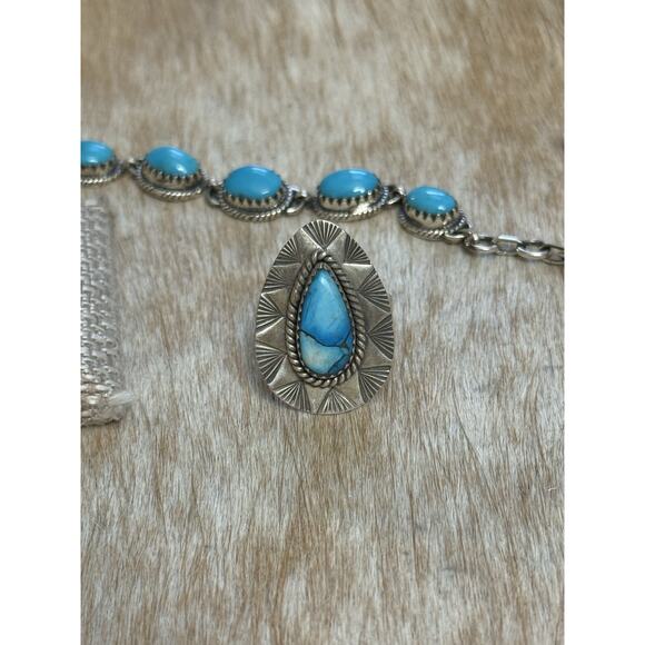 Native American SW Sterling Silver Blue Ice Dahlia Tear Drop Ring Adj🩵Stamped - Picture 8 of 10